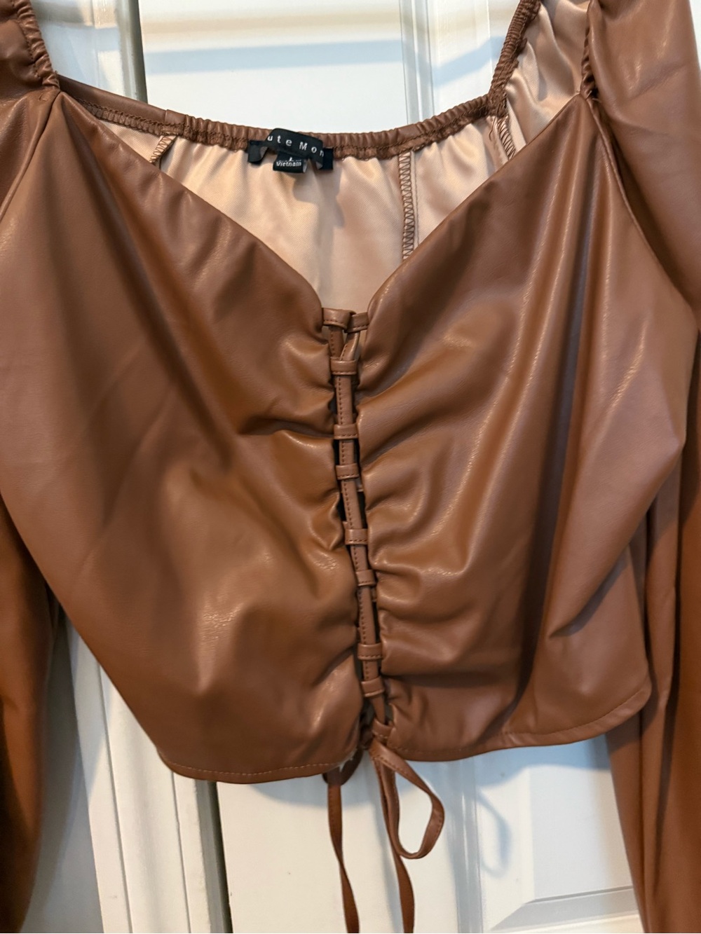 Fashion Nova Brown Faux Leather Ruched Tie-Front Crop Top